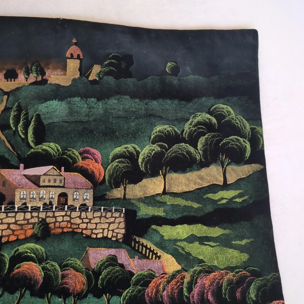 Vintage Hand Painted Velvet Painting Wall Hanging Colorful Village Folk Art MCM